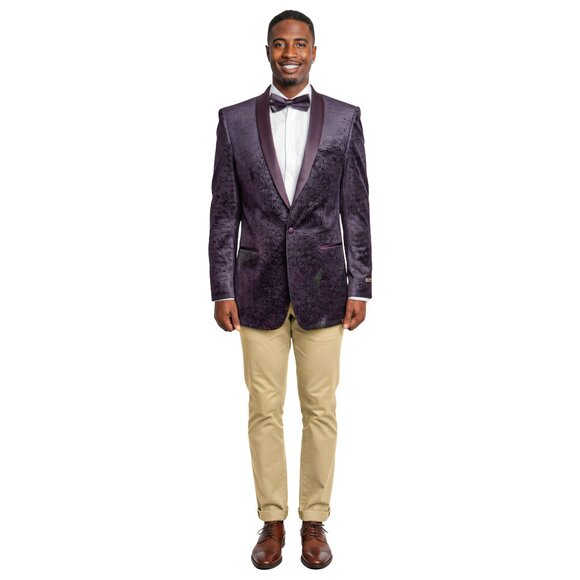 Empire™ Fuzzy Textured Velvet Dinner Jacket Modern-Fit, Satin Shawl Lapel, Plum - Picture 5 of 5